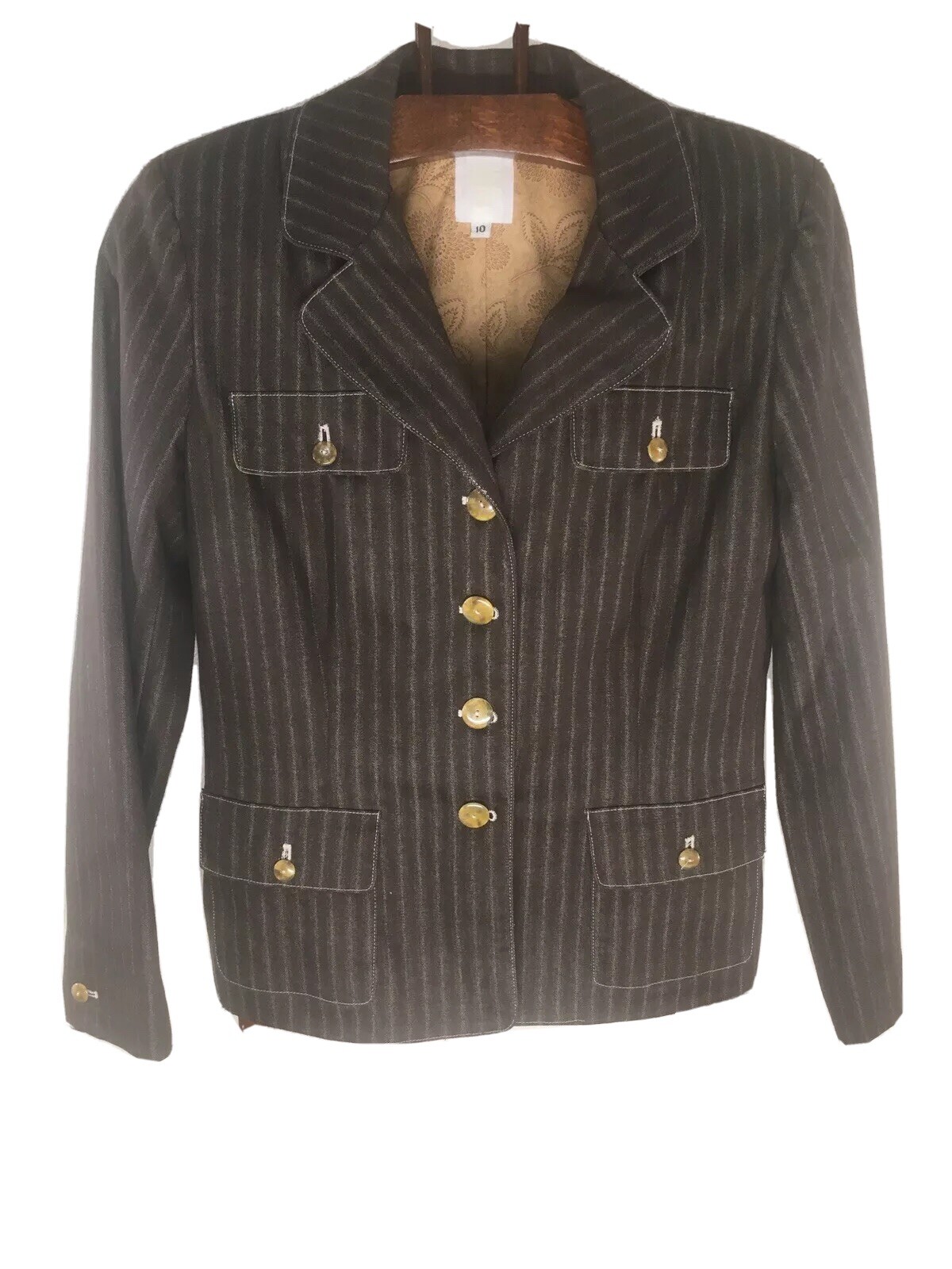 Vtg ANNA SUI Brown Jacket Blazer Pinstripe Sz 10 USA Cotton Blend Pockets