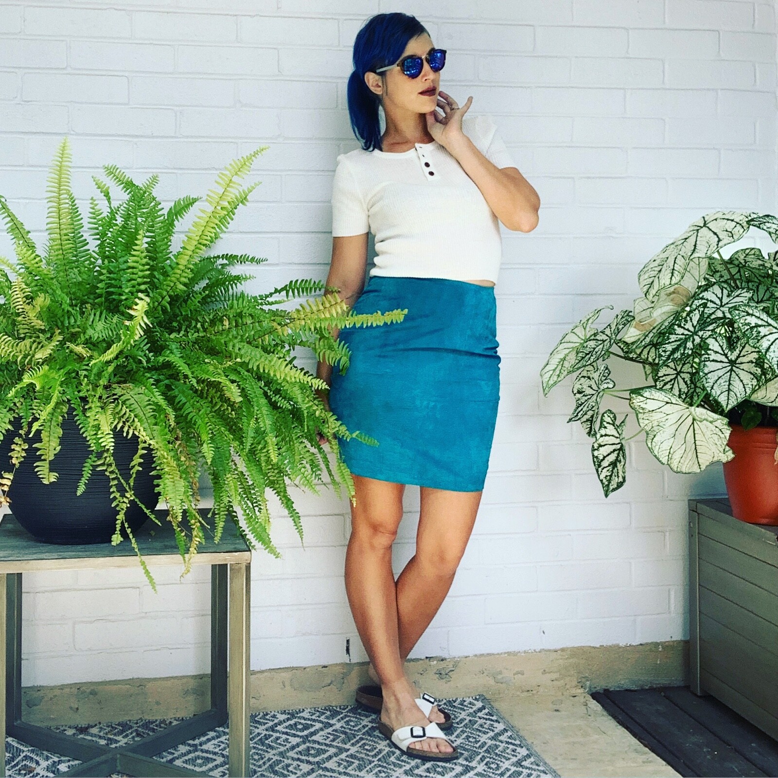 Vintage 90’s Skirt XS/S Bright Teal Blue Suede Leather Fitted Pencil Mini
