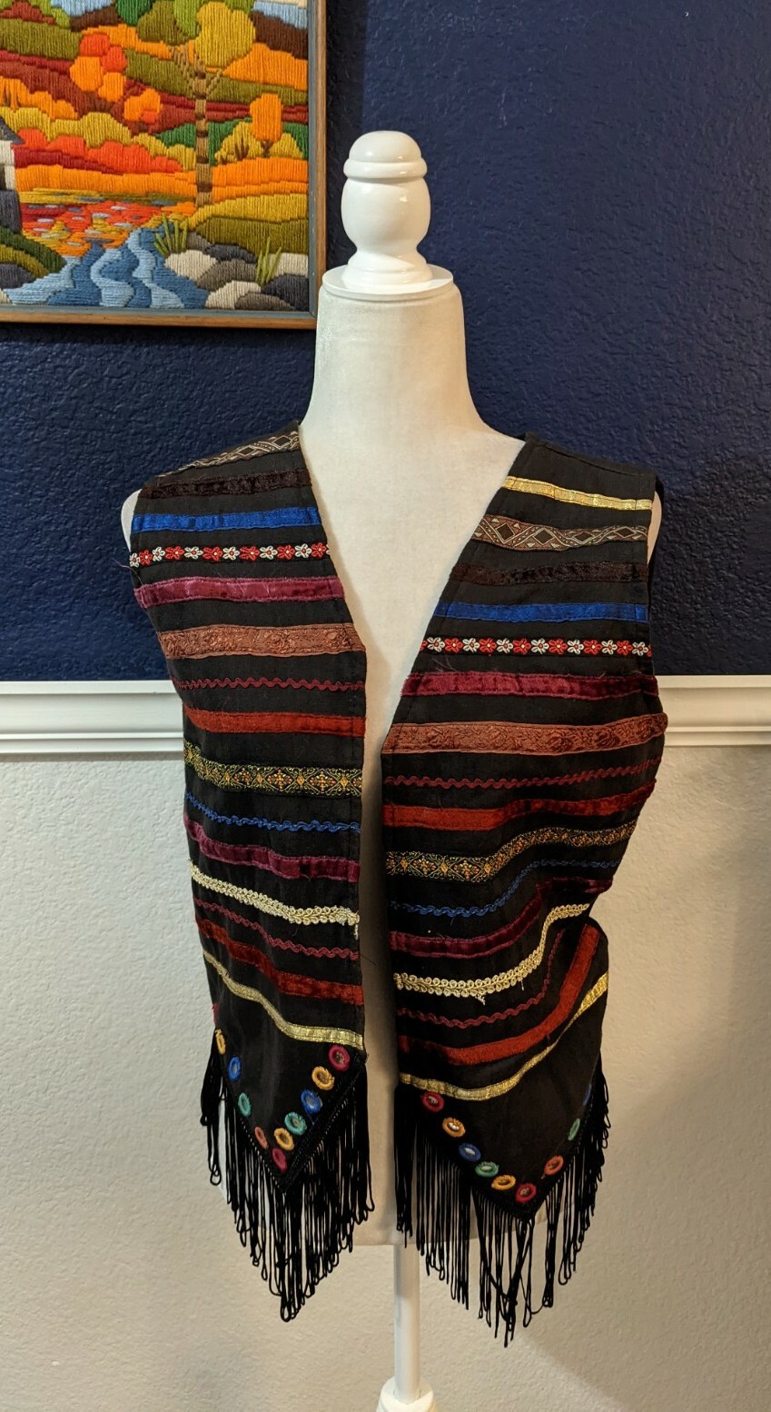 VTG HG NY Vest Fringe Ribbon Black Velvet Floral 100% Cotton Sz Medium M