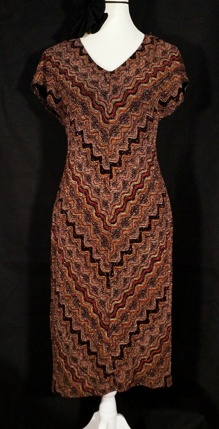 Vintage 1980s 1990s Robbie Bee Petite Metallic Gold Red Bodycon Midi dress Sz 8P