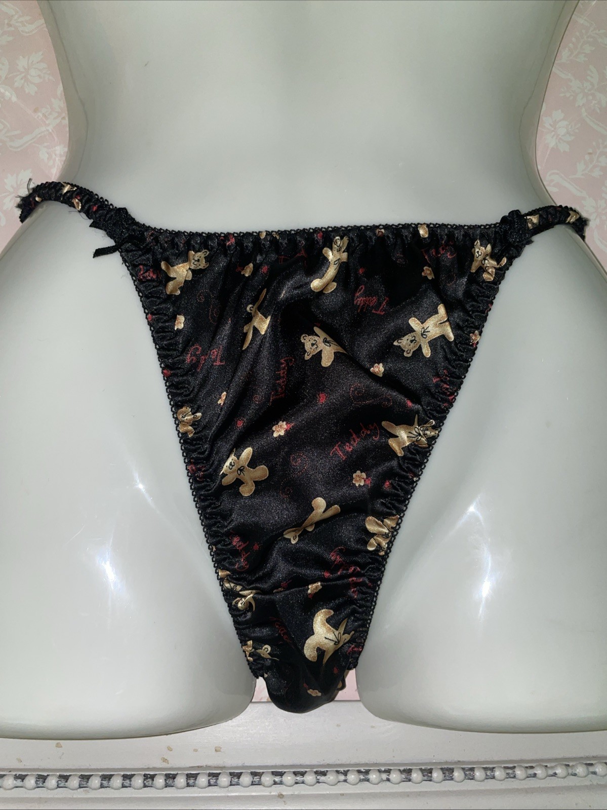NWOT 90’s VTG Teddy Bear Satin String Bikini Panties W/Bows Unique Sissy Sz XL
