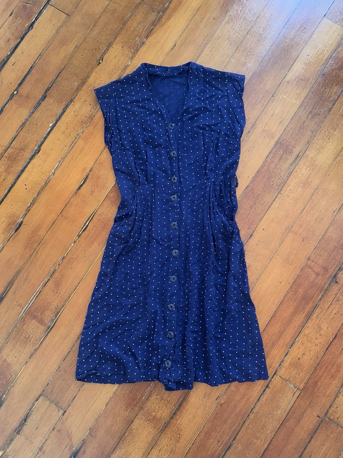 VINTAGE 40s FLOCKED POLKA DOT RAYON JERSEY BUTTON FRONT SLEEVELESS MIDI DRESS SM