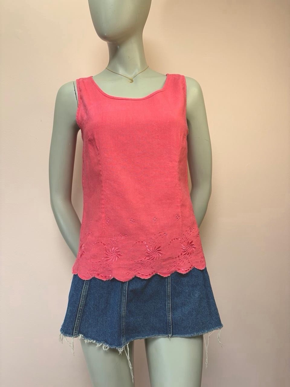 Vintage 90s Y2K Coral Pink Embroidered Scallop Hem Tank Top Shell Cottagecore S