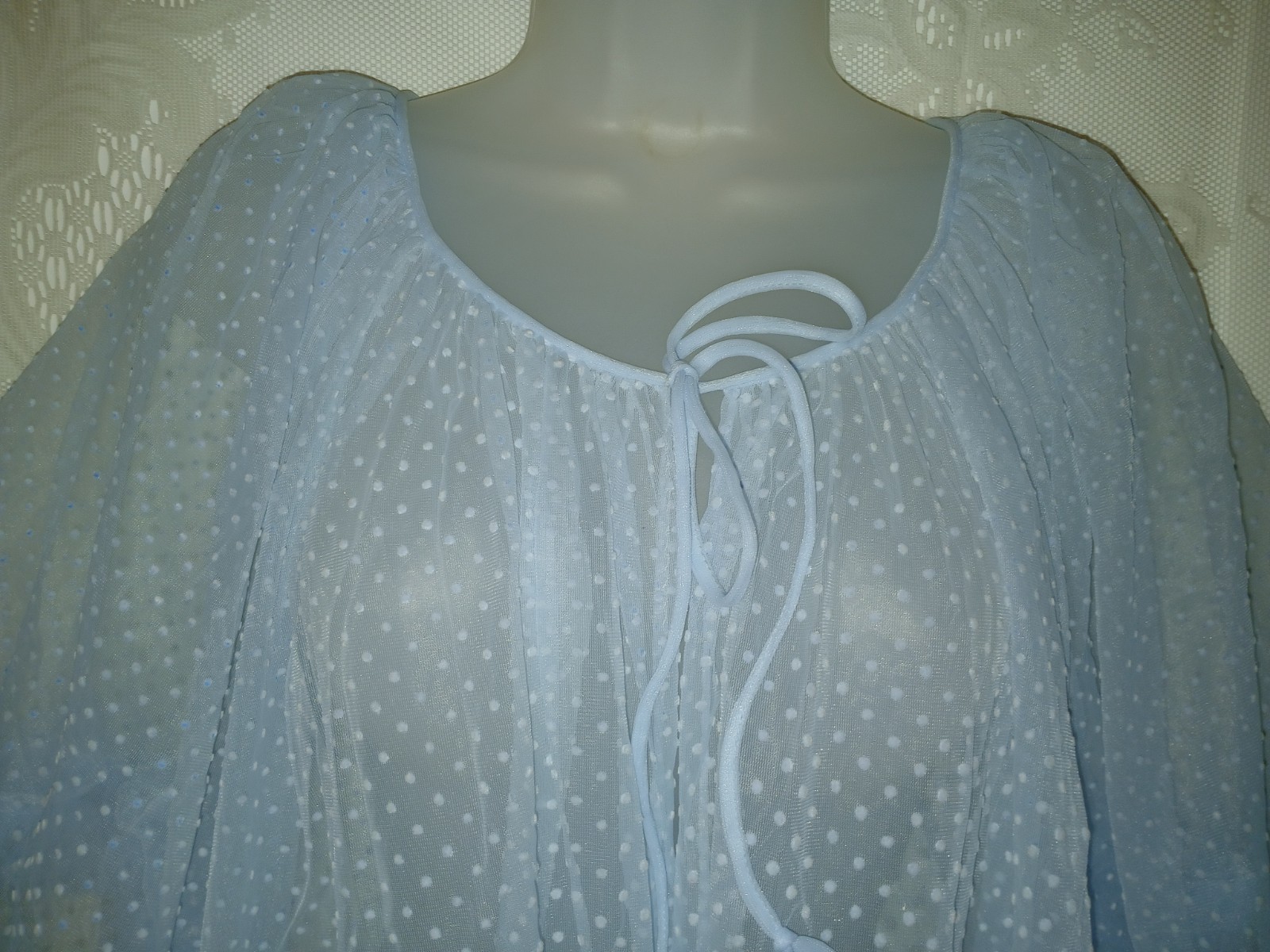Vintage 50s Lisette Blue Flocked Swiss Dot Sheer Nylon Ruffled Peignoir Robe EUC