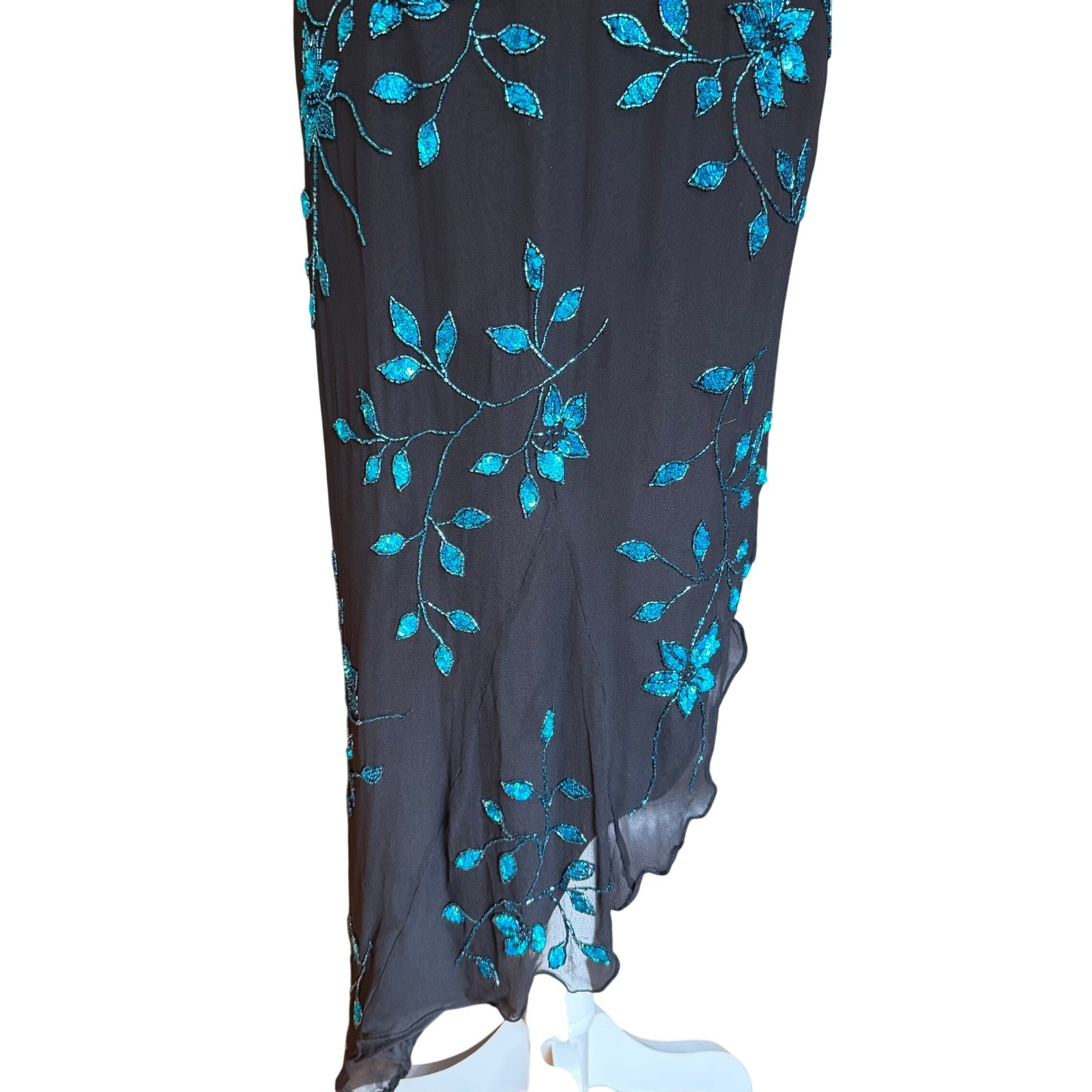 Cache Womens Silk Halter Maxi Black Teal Sequin Beaded Prom Fairy