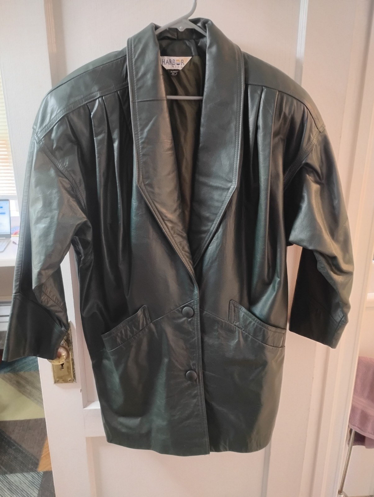Vintage 80s Harbor Dark Green Leather Jacket Oversized Shawl Collar Coat Medium