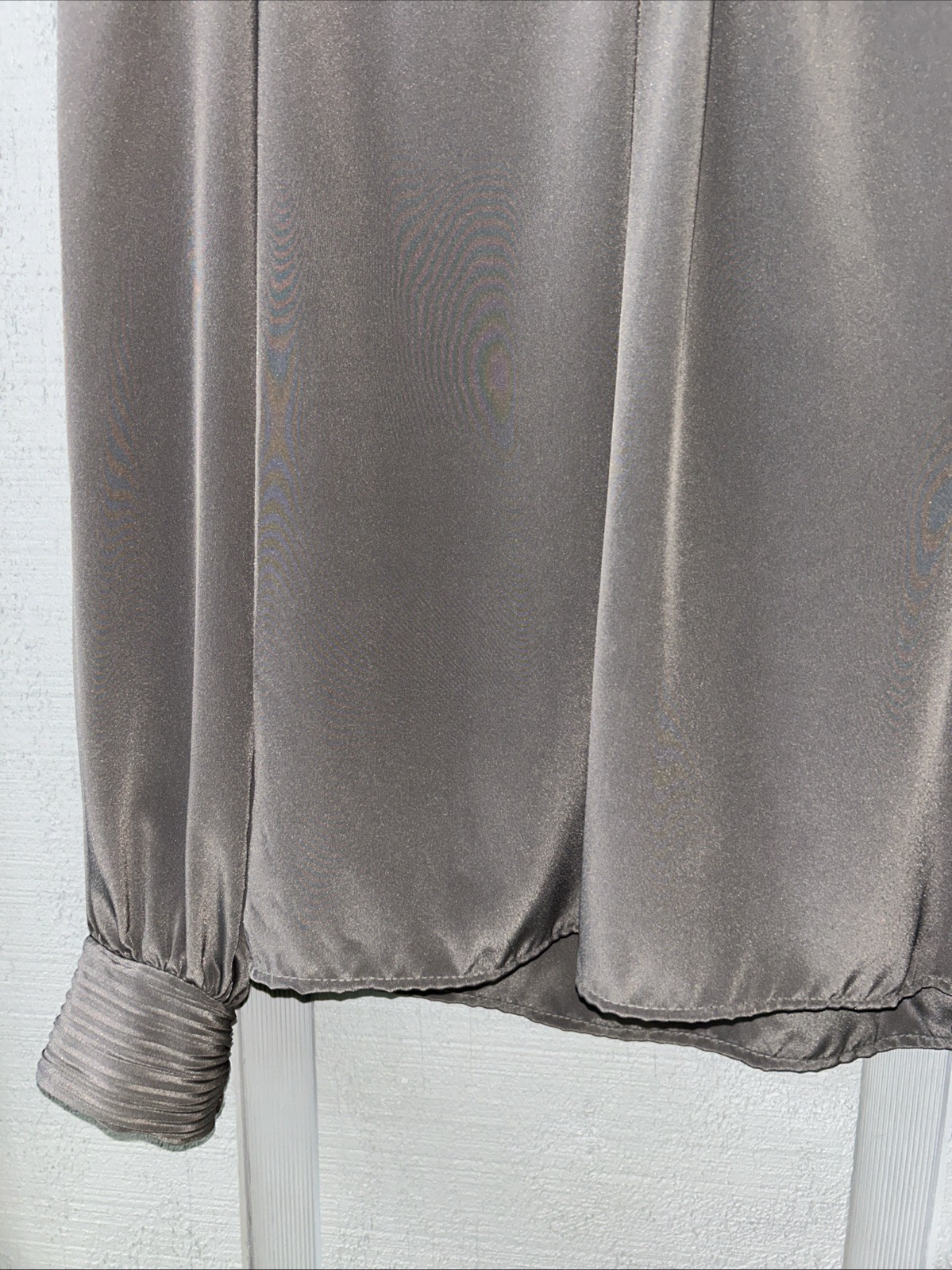 Anne Kriste Vintage High Neck Puff Sleeve Blouse Gray Satin Modest Dark Academia