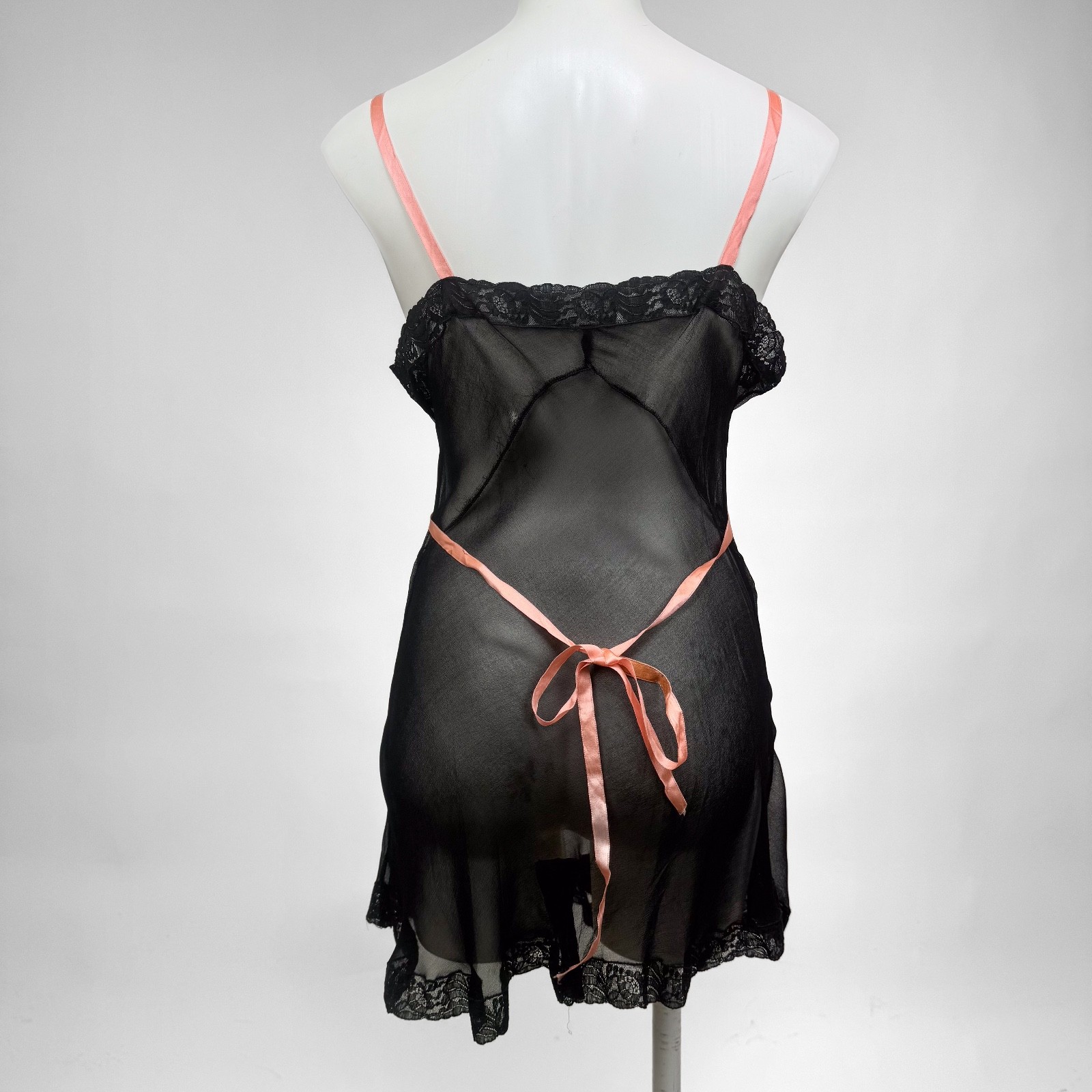 Vintage 1920s Black Silk Chiffon Bias lace Teddy Lingerie Art Deco Pink Ribbon