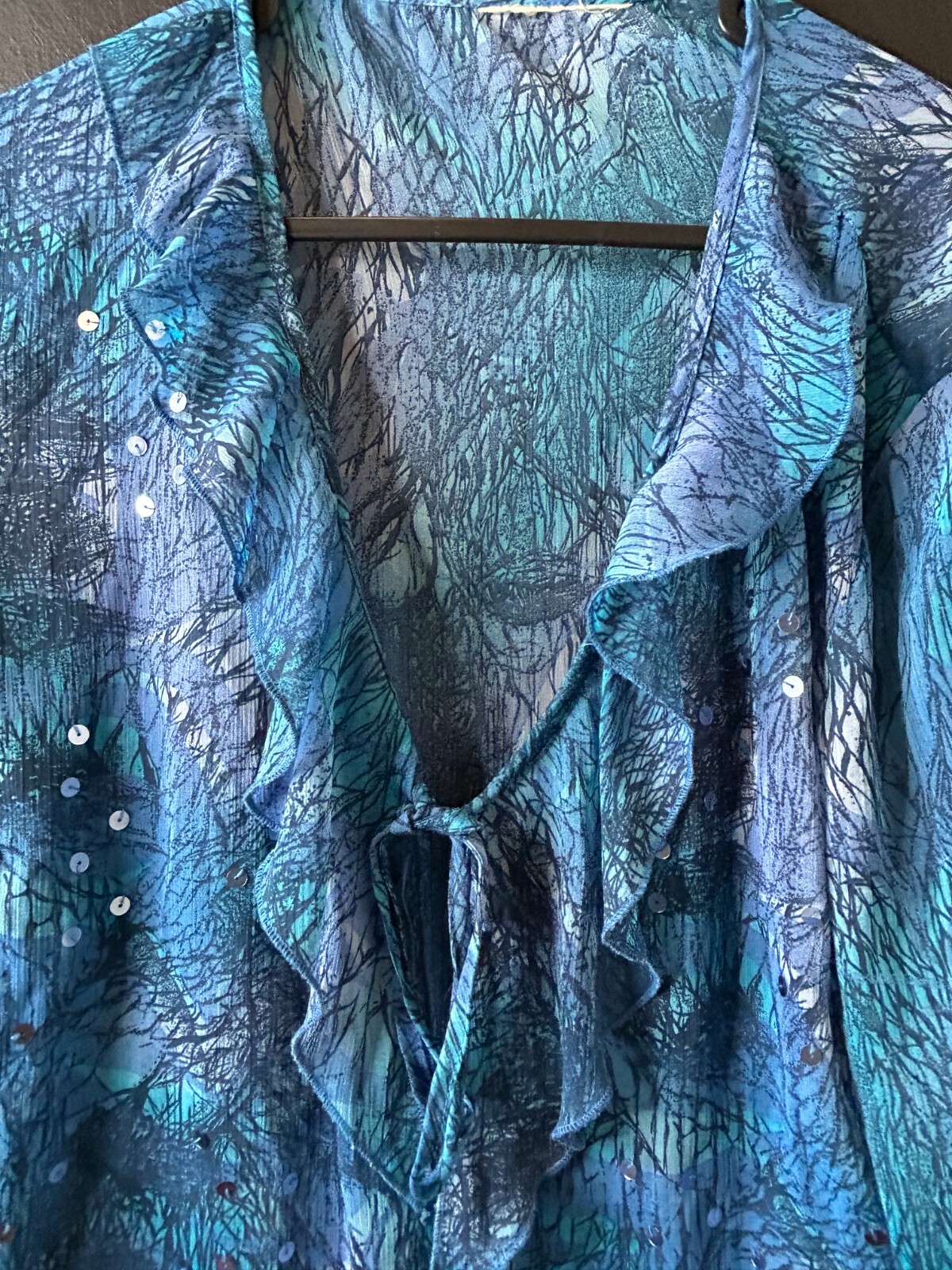 Vintage y2k Ladies Sheer Blue Cascade Ruffle Blouse Sequin Summer Hippie AU 12