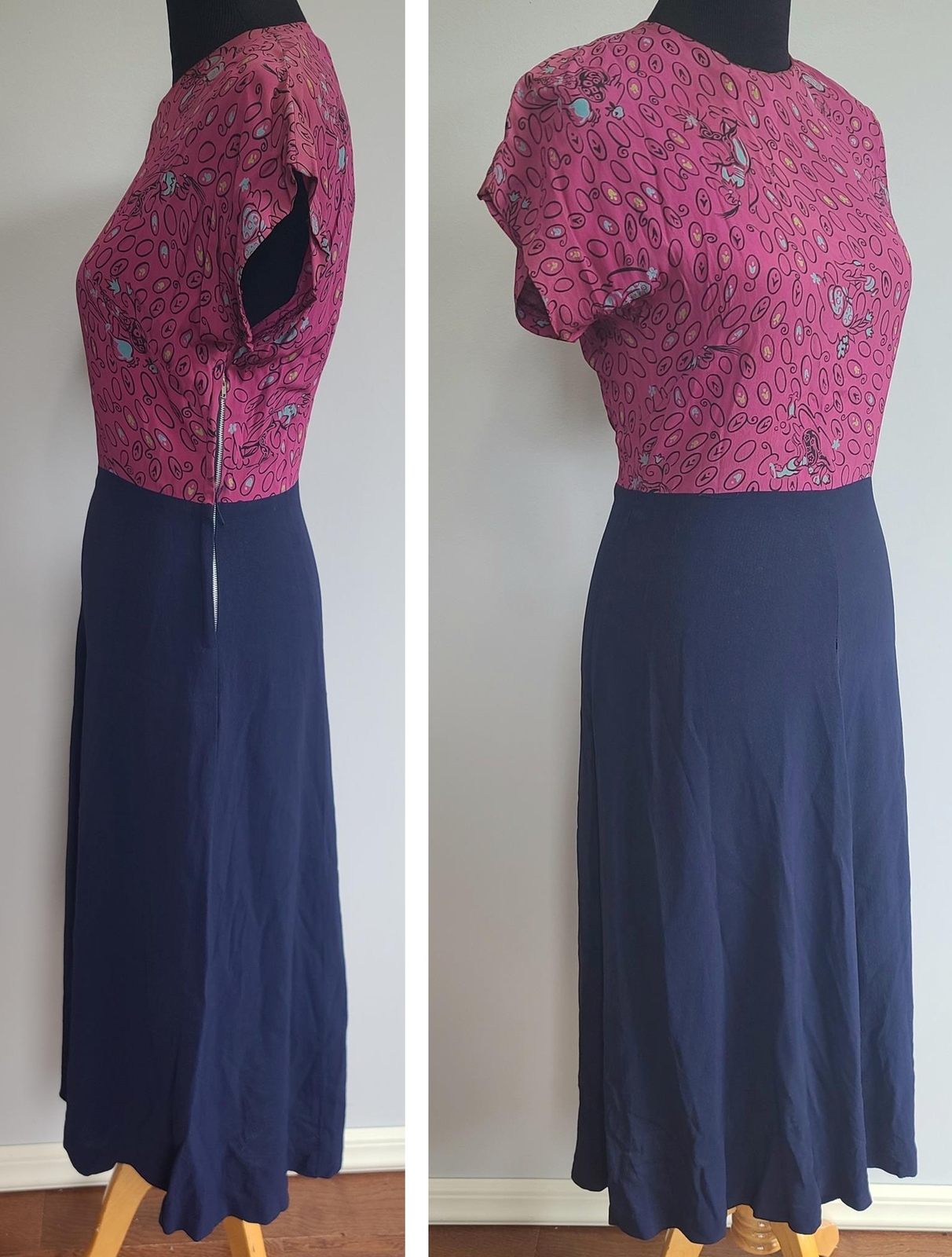 Vintage 1940s Genie Deer Animal Novelty Print Dress Pink Blue Rayon (Waist 27″)