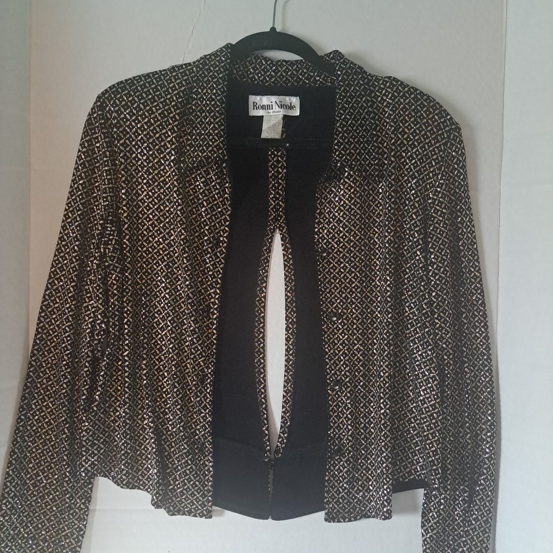 Ronni Nicole by Ouida Black W/Silver Glitter Button Up Blouse Slit Back Wms Sz 8