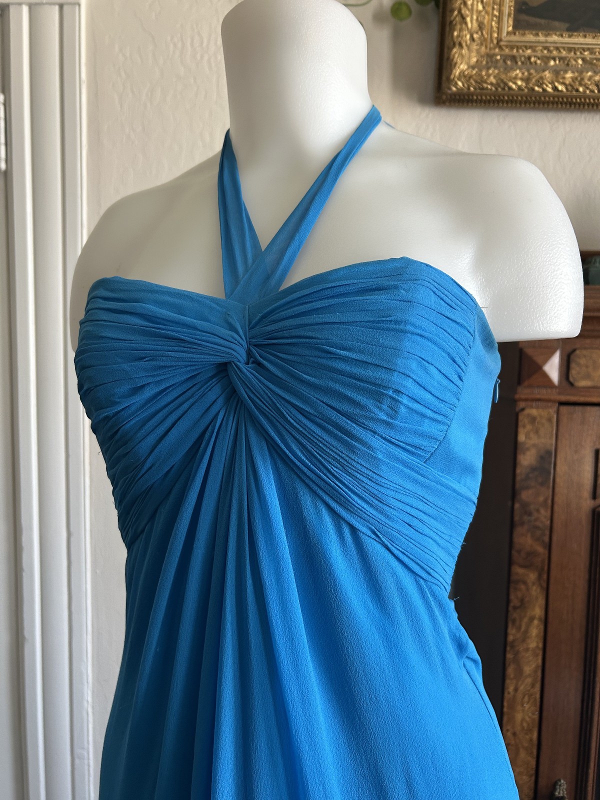 Vintage Y2K Laundry Shelli Segal Aqua Blue Silk Halter Maxi Dress Formal Fairy