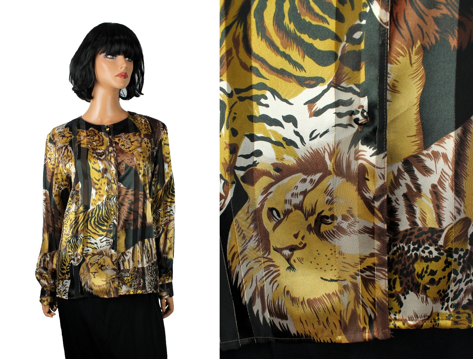 Big Cat Blouse Sz 10 M Vintage Satin Semi Sheer Dress Shirt Lion Tiger Jaguar