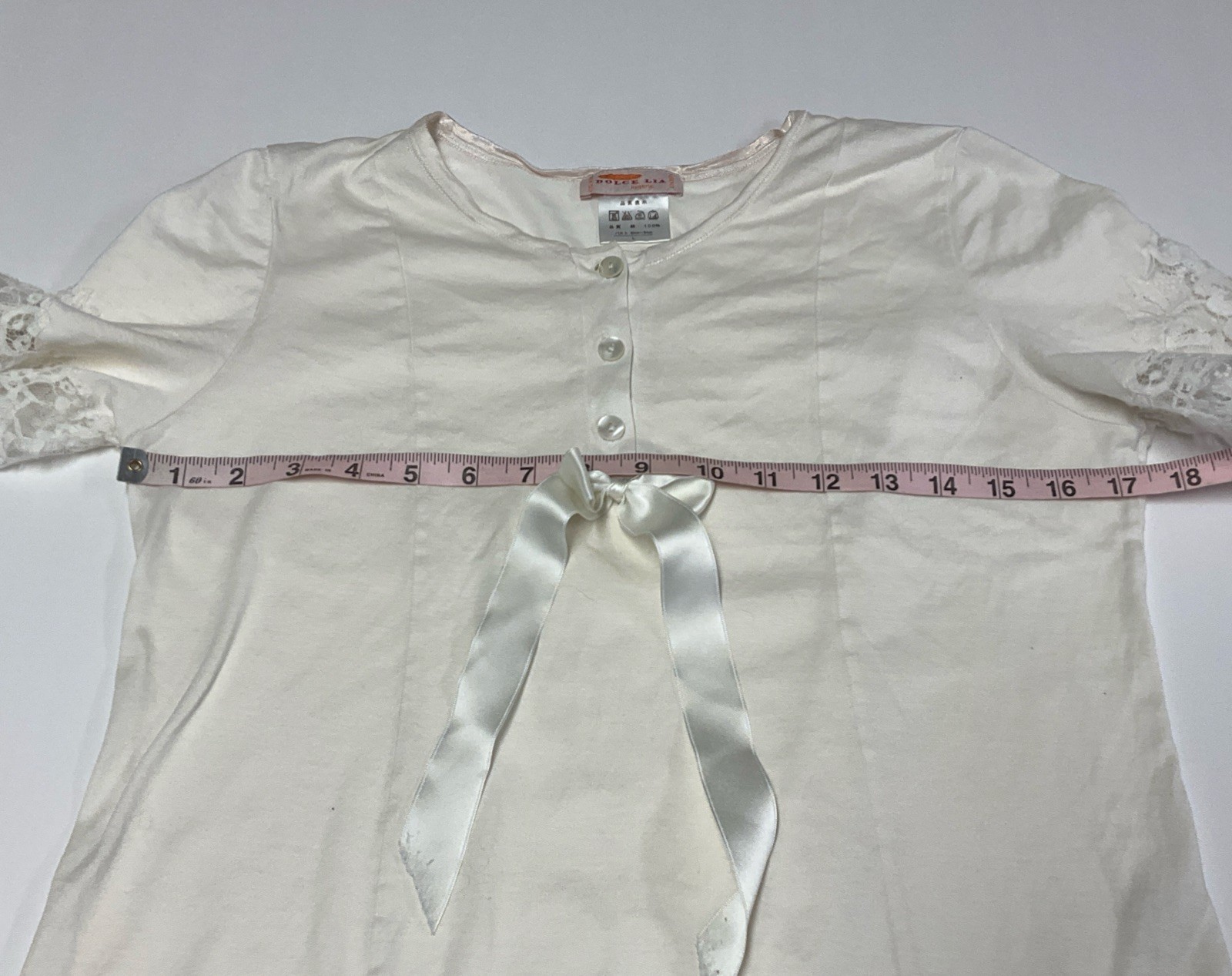 Vintage Dolce Lia Lace Trim Lingerie Top Ivory Short Sleeve L Satin Bow Italy