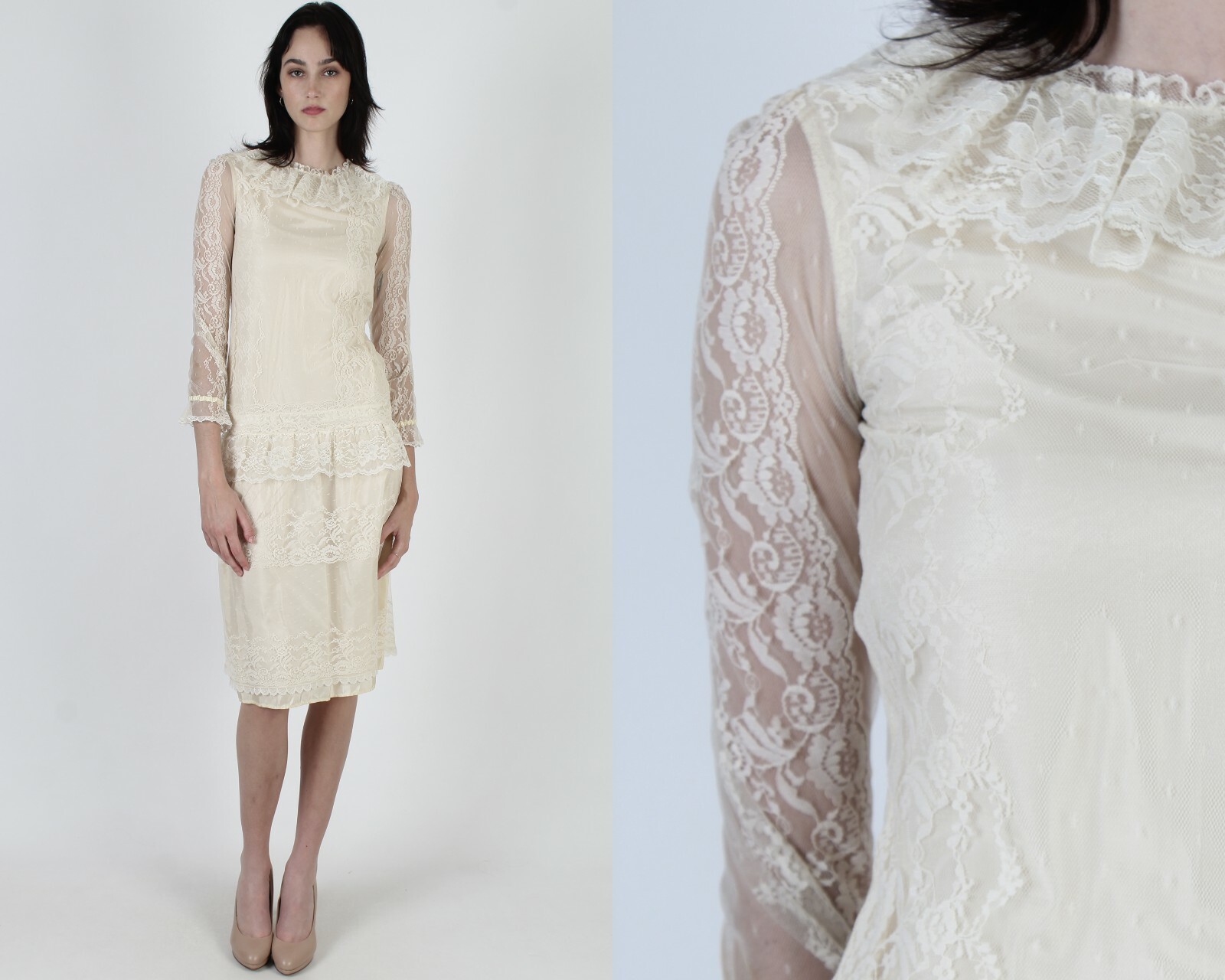 Vtg 80s Country Elegance Dress Sheer Ivory Lace Deco Bridal Wedding Lawn Mini