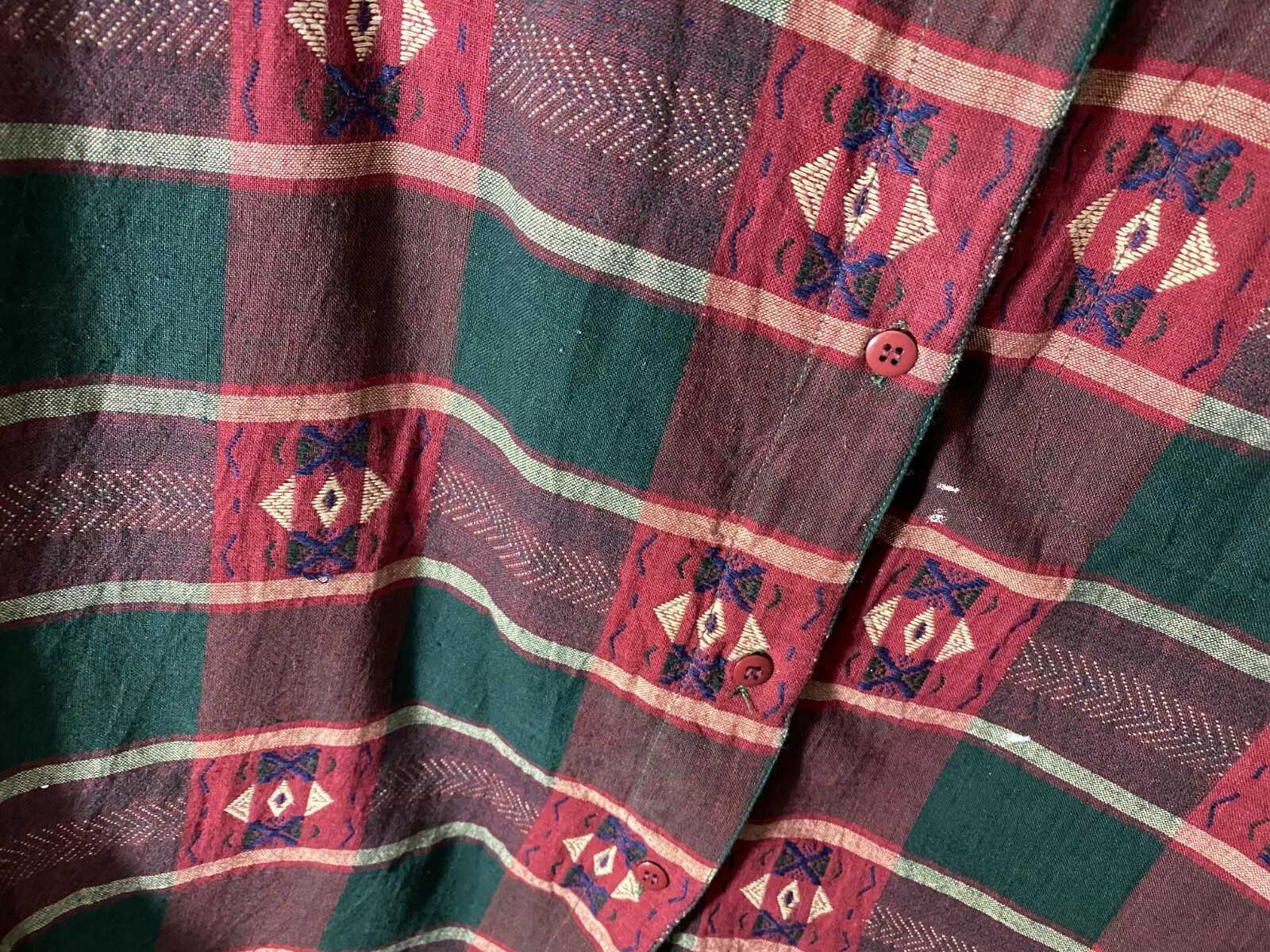 1980’s Blouse-Company One-M-Dark Red/Green/Cream -VG-India-ETHNIC BOHO LOOK-SALE