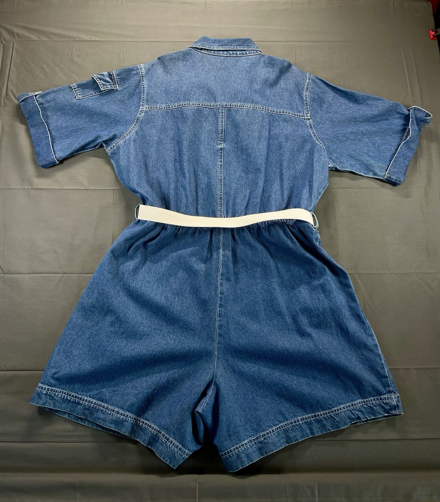 Vintage 1980s Forenza Denim Romper Jumpsuit XL Blue Utility Metal Button Belted
