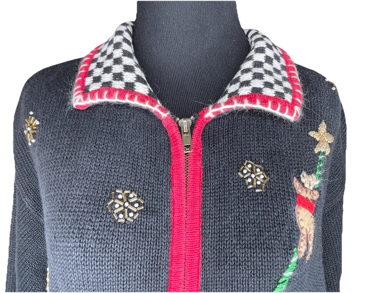 Vintage Christmas Sweater Jacket 1X Santa Embroidered Zip Cardigan Holiday Folk