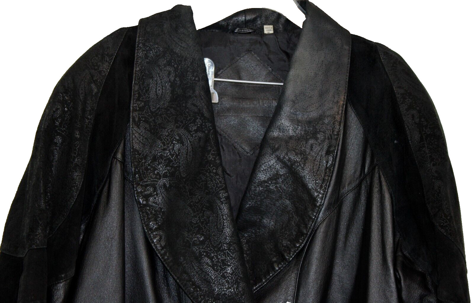 Vtg 80s Preston & York Leather Coat sz XL BLack Embossed Paisley Suede Modern