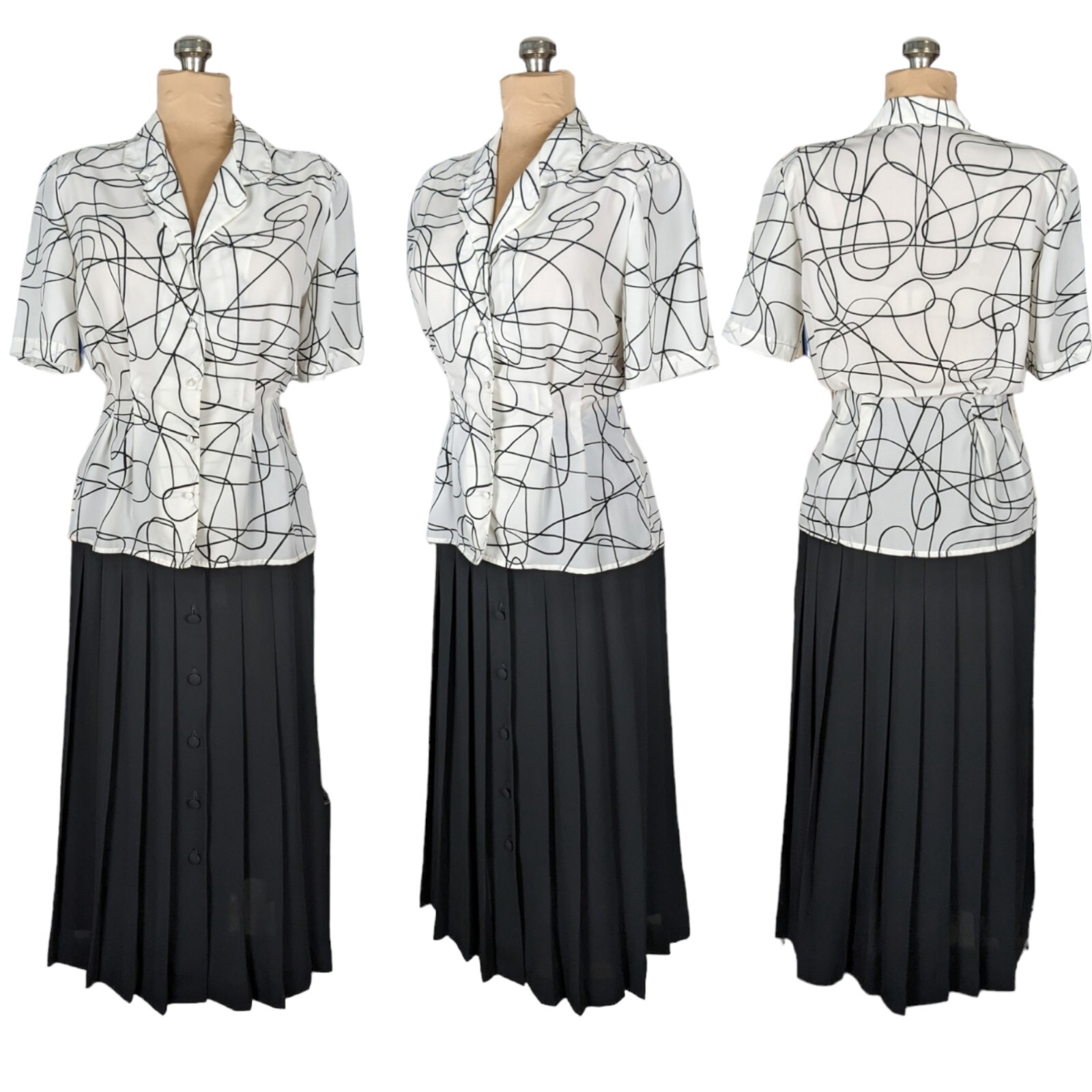 Vtg 80s M/L Lloyd Williams Black White Abstract Blouse Art to Wear New Wave Work