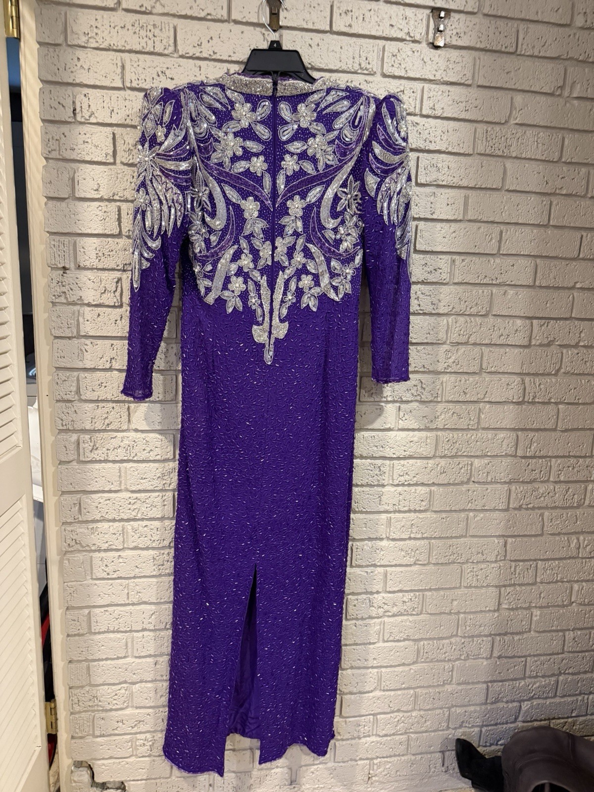 80S Vintage Sequin Imports 100% Silk Purple And Silver Beaded Ball Gown. READ