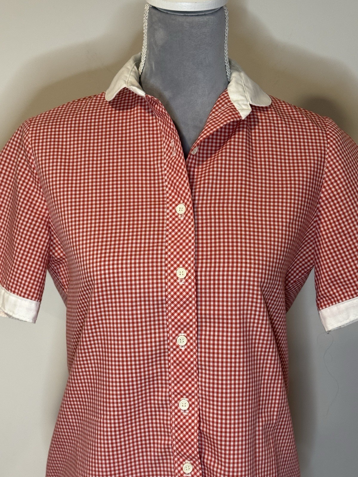 Vintage 70s 80s Shapely Brand Red & White Gingham Top Shirt Button up Women 10