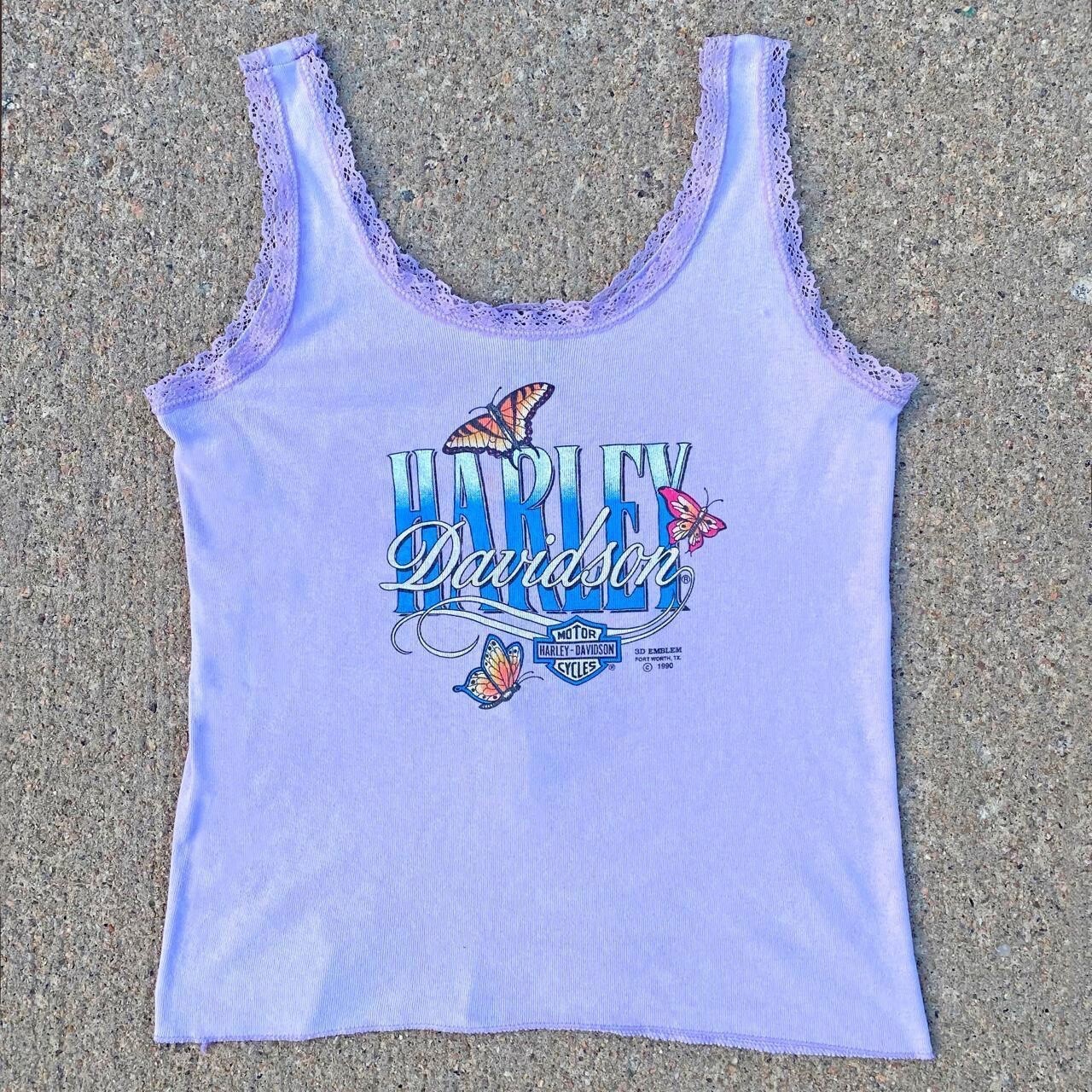 Vintage 1990s Harley Davidson 3D Emblem Pastel Lilac Butterfly Lace Cami Tank