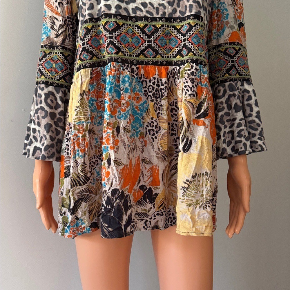 Y2K Sharon Young Leopard Peasant Fairy Floral Top Tunic Boho Vintage Boho M