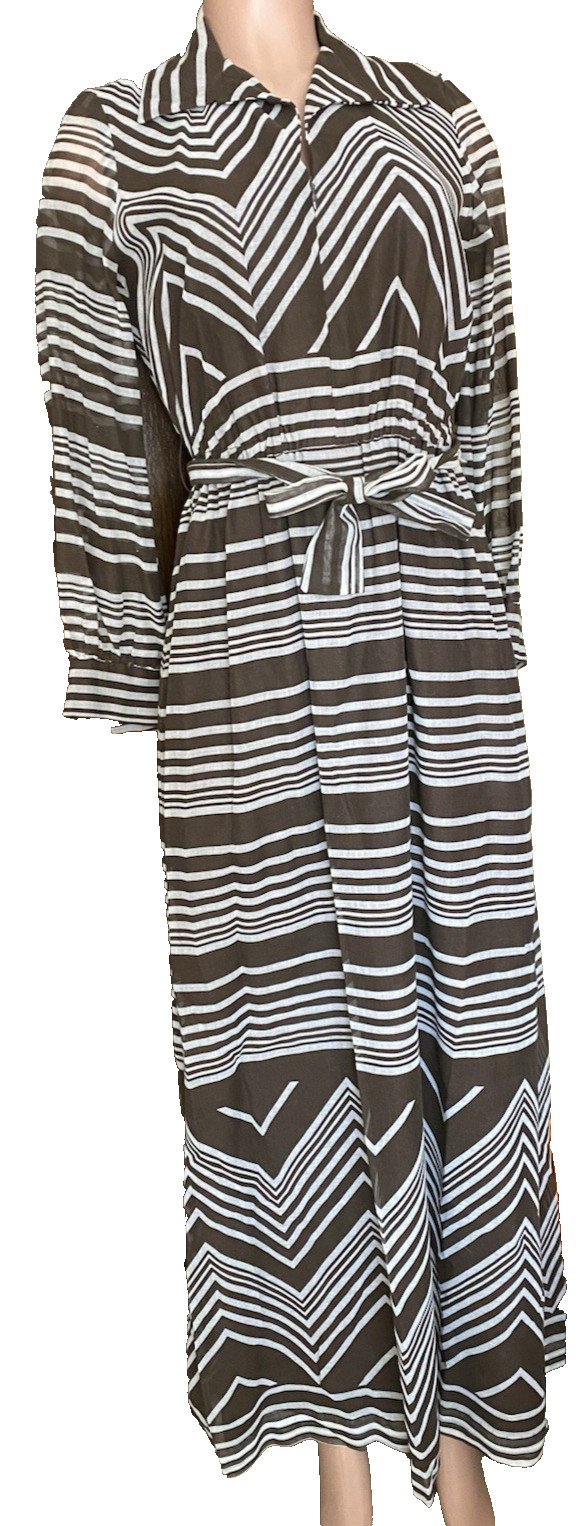 VTG 1963 Field-Schlick Women’s Striped Brown White Sheer Sleeve Maxi Dress NWT