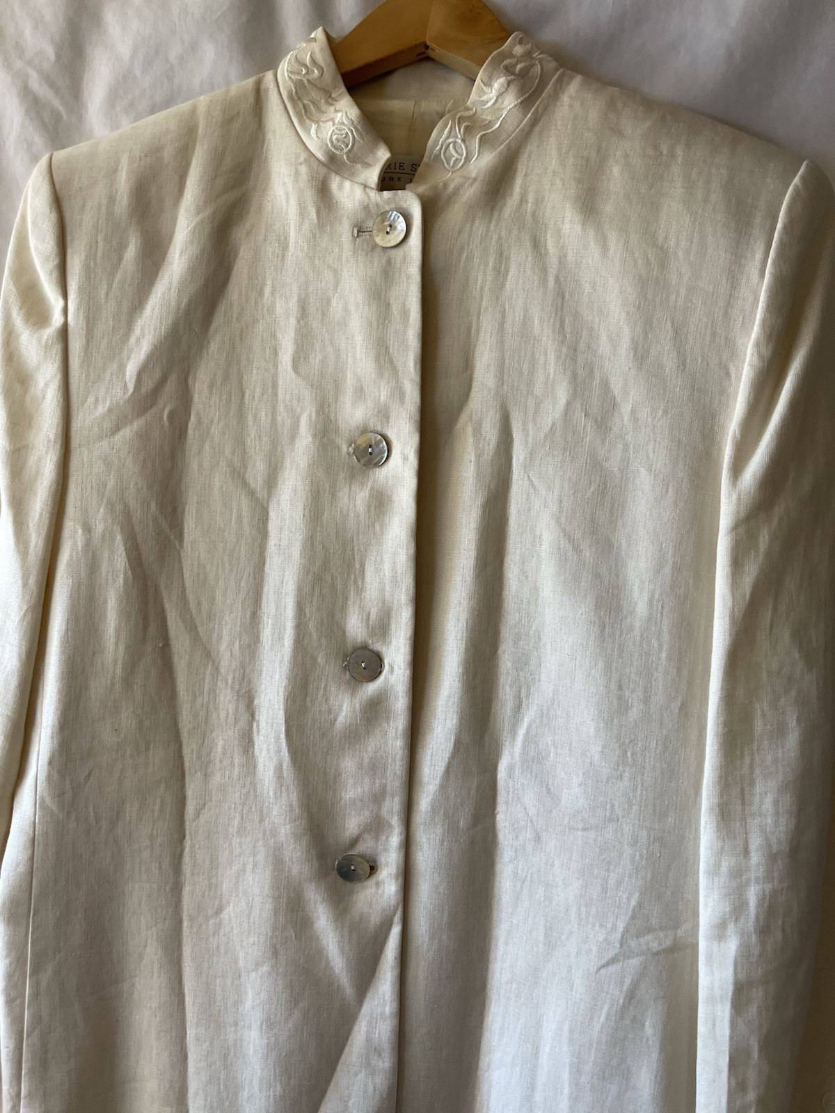 Vintage VALERIE STEVENS Pure Linen, 12, Cream Long Blazer Mandarin Collar NWT