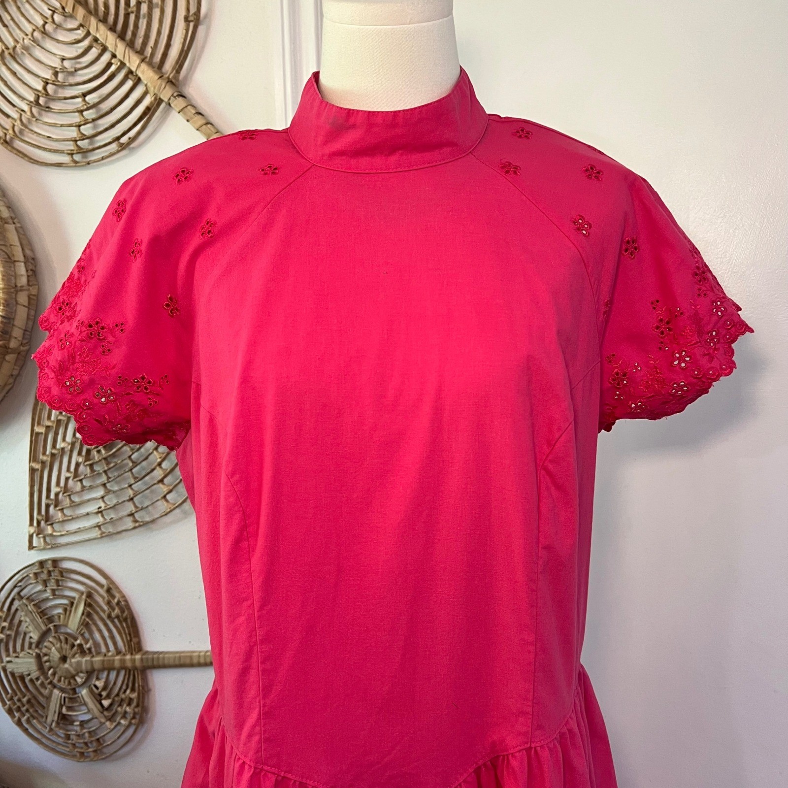 Vintage Impromptu Pink Cotton Midi Dress Eyelet Sleeve Open Back Size 14
