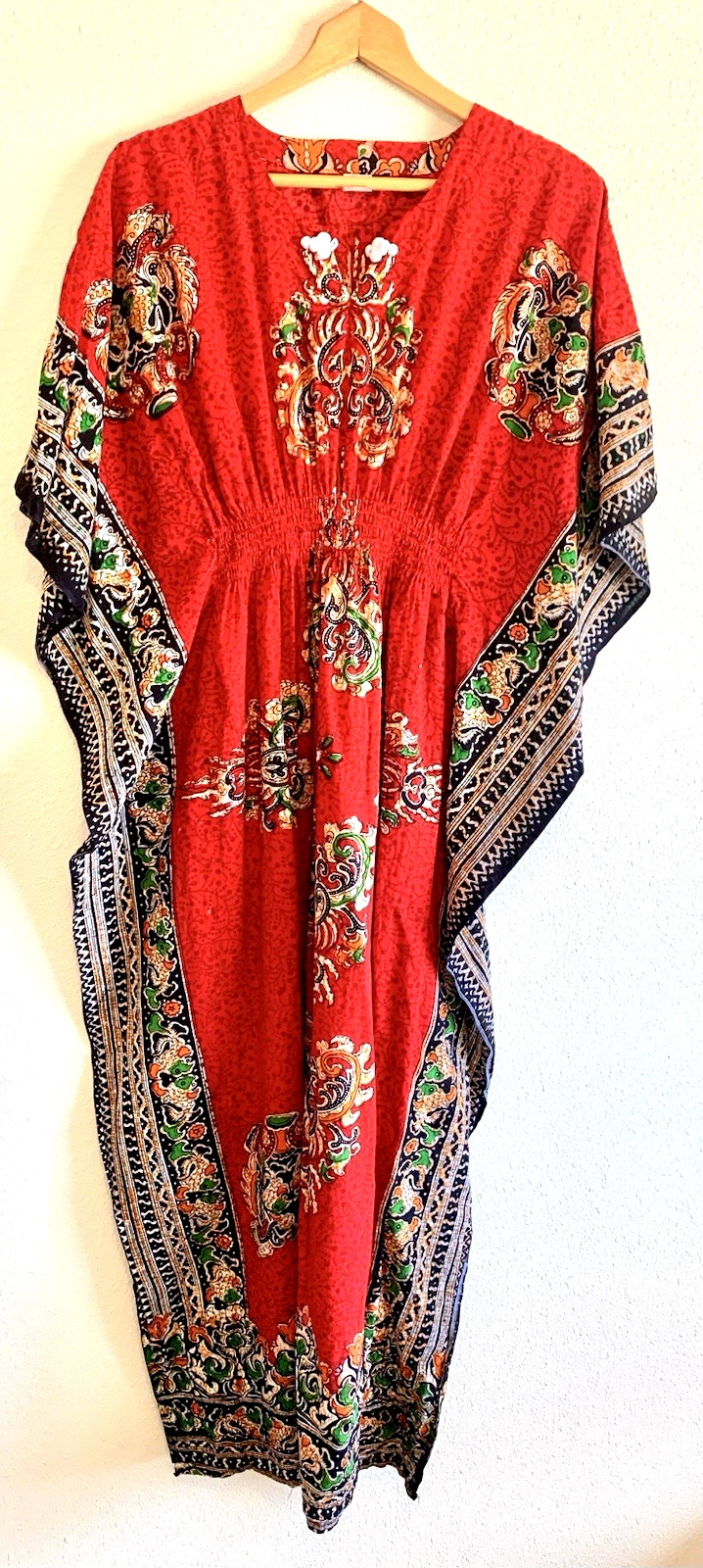 VTG RED BATIK Asian Maxi Long DRESS Kaftan Muumuu Lounge Flutter Empire LARGE