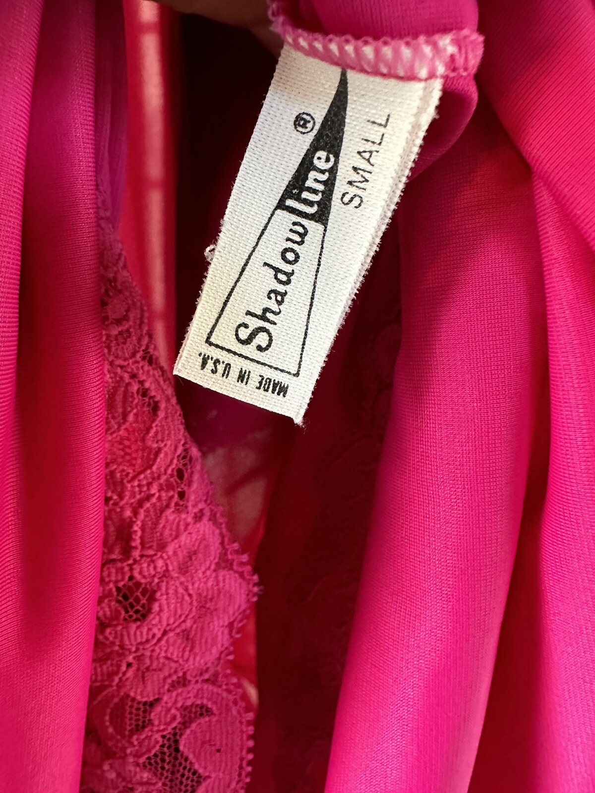 Vtg SHADOWLINE. Small Hot Pink Feminine Nightgown w/Lace, Mesh and Rosebud Trim