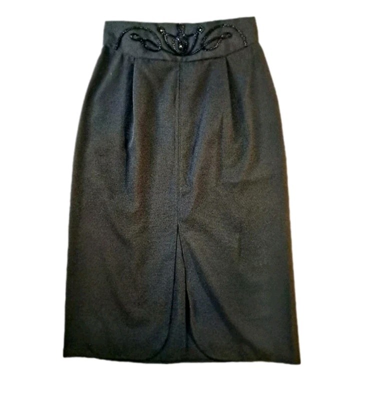 Vintage 80s Glam East End Avenue Black Sequin Rhinestone Midi Pencil Skirt 7/8