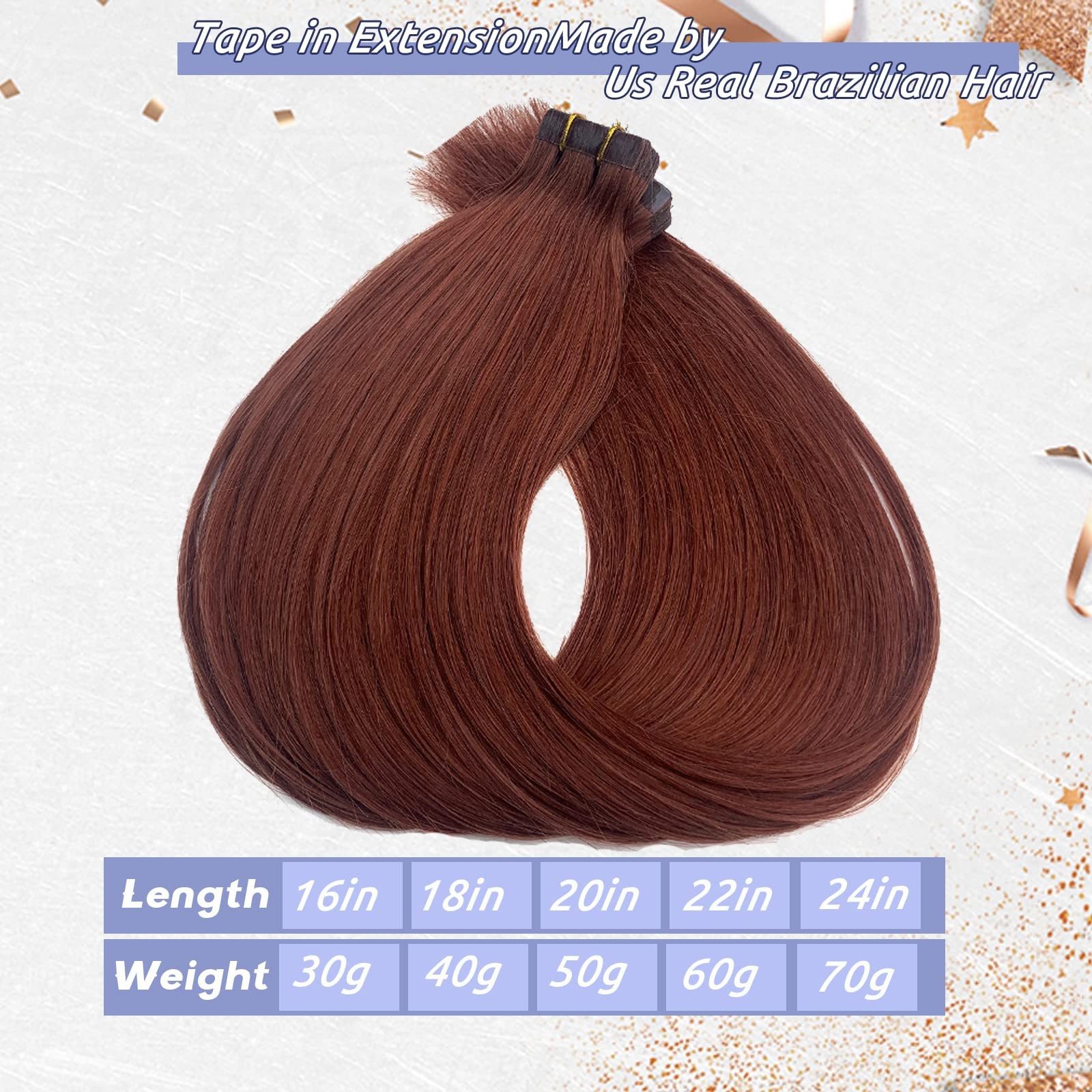 Remy Human Hair Tape-in Extensions #33 Dark Auburn Seamless Skin Weft
