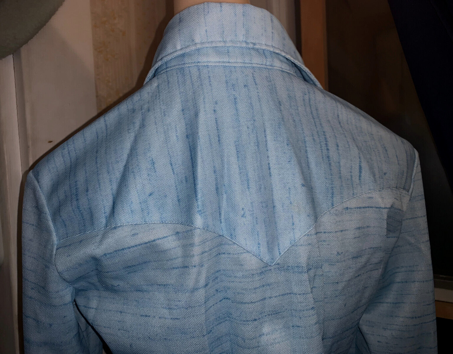 KARMAN Vtg Shirt WESTERN Rockabilly Pearl Snap Lt Blue Yoke Women’s CHEST=34 S