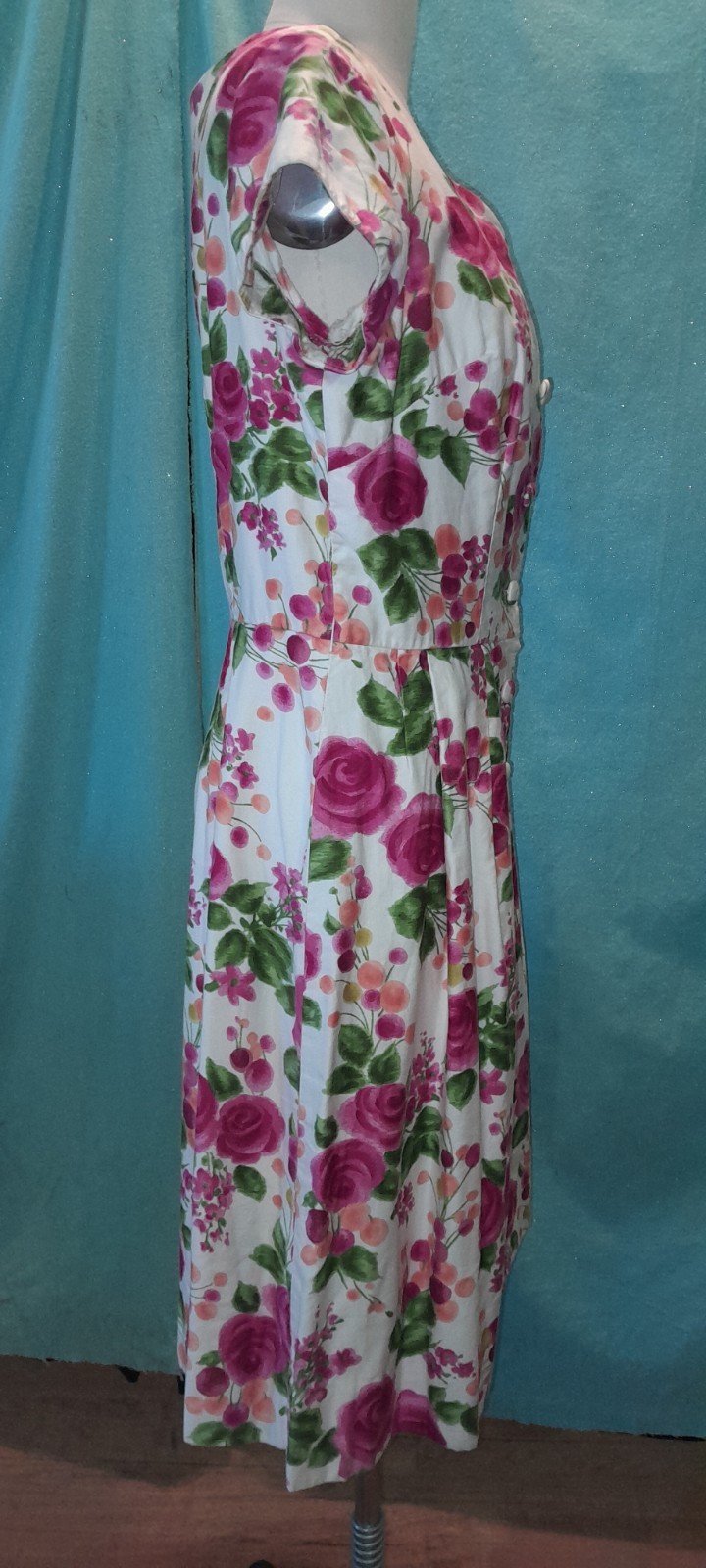 Vtg 50s Cotton Floral ROSE Button Rockabilly Casual Day Pin Up Marilyn Dress M L
