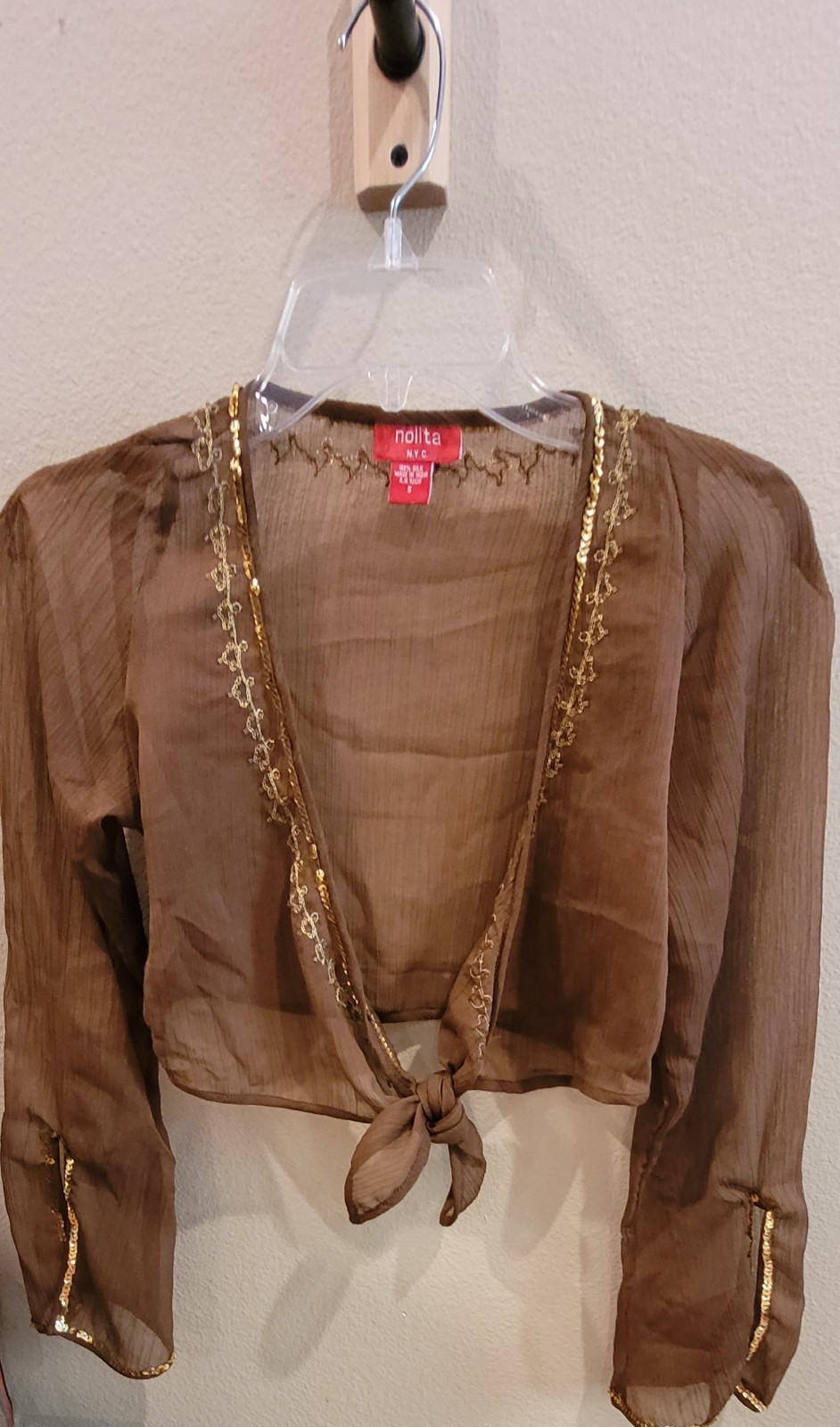 Vintage Nolita Brown Sheer Bolero Shrug Tie Front Sequin Embroidered Y2K S