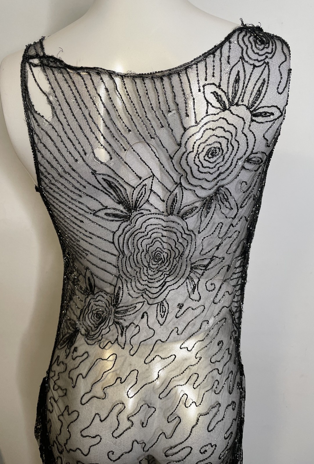 Antique 30s Art Deco Black Lace Sheer Beaded Dress S XS Floral Holes