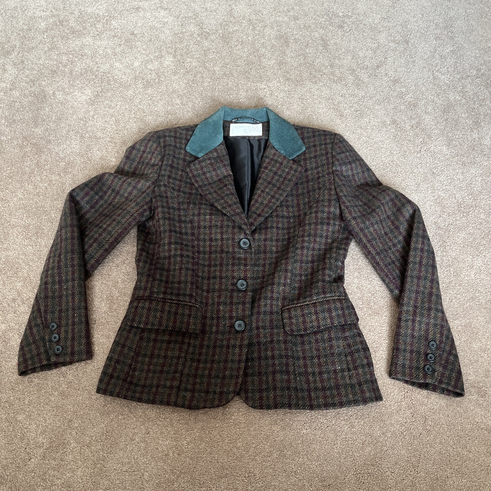 Vintage International Scene plaid green leather collar 9/10 blazer Jacket Coat