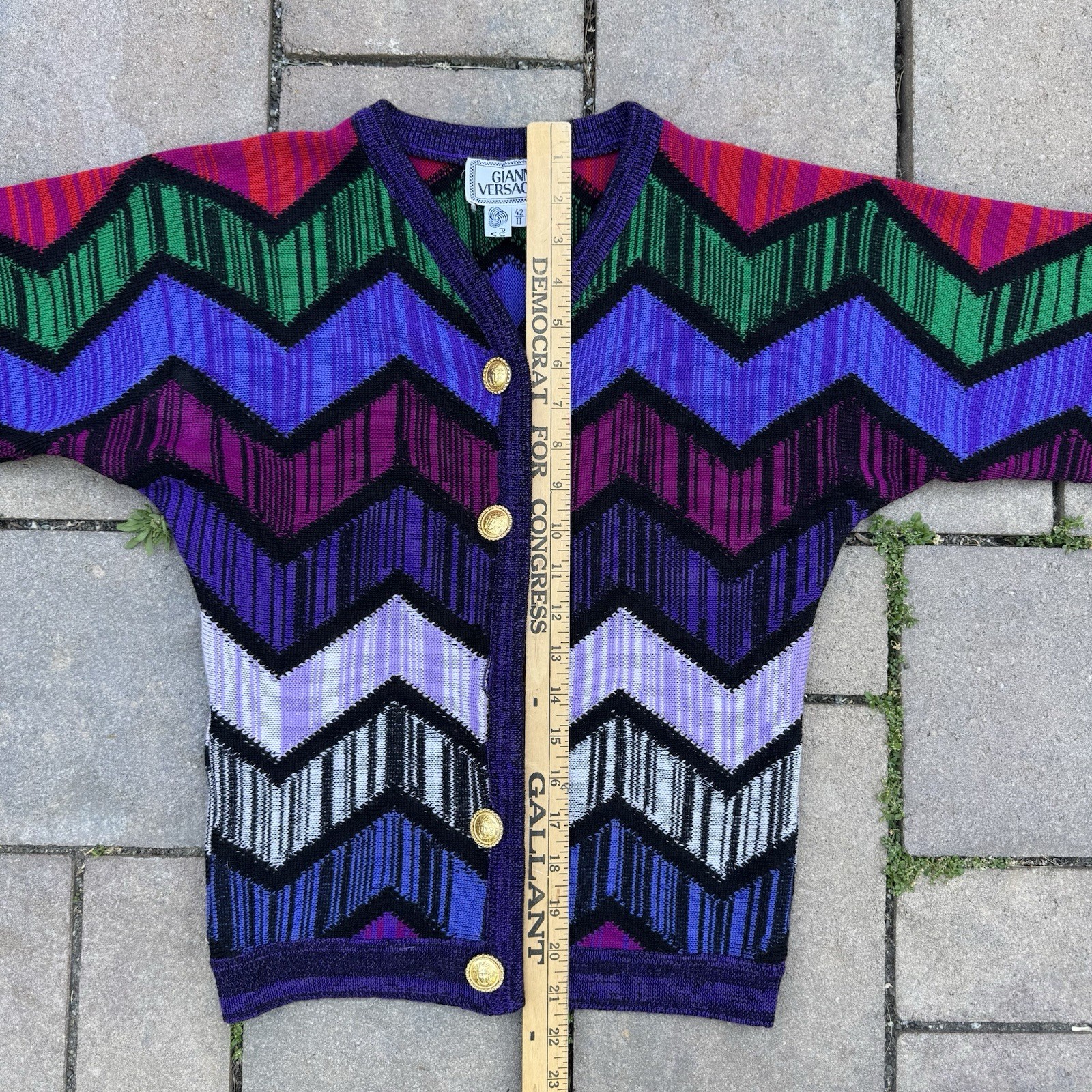 VTG 90s Gianni Versace Virgin Wool Cardigan Sweater Colorful Gold Buttons S READ