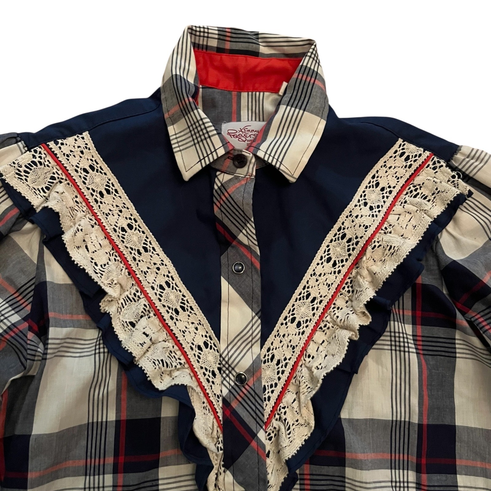 Kenny Rogers Western Collection Karman Plaid Lace Trim Pearl Snap Shirt Vintage