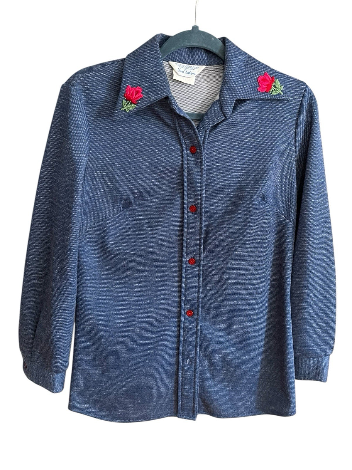 Vintage 70s Sears Fashions Red Roses Patch Button Shirt Polyester Denim Look 12