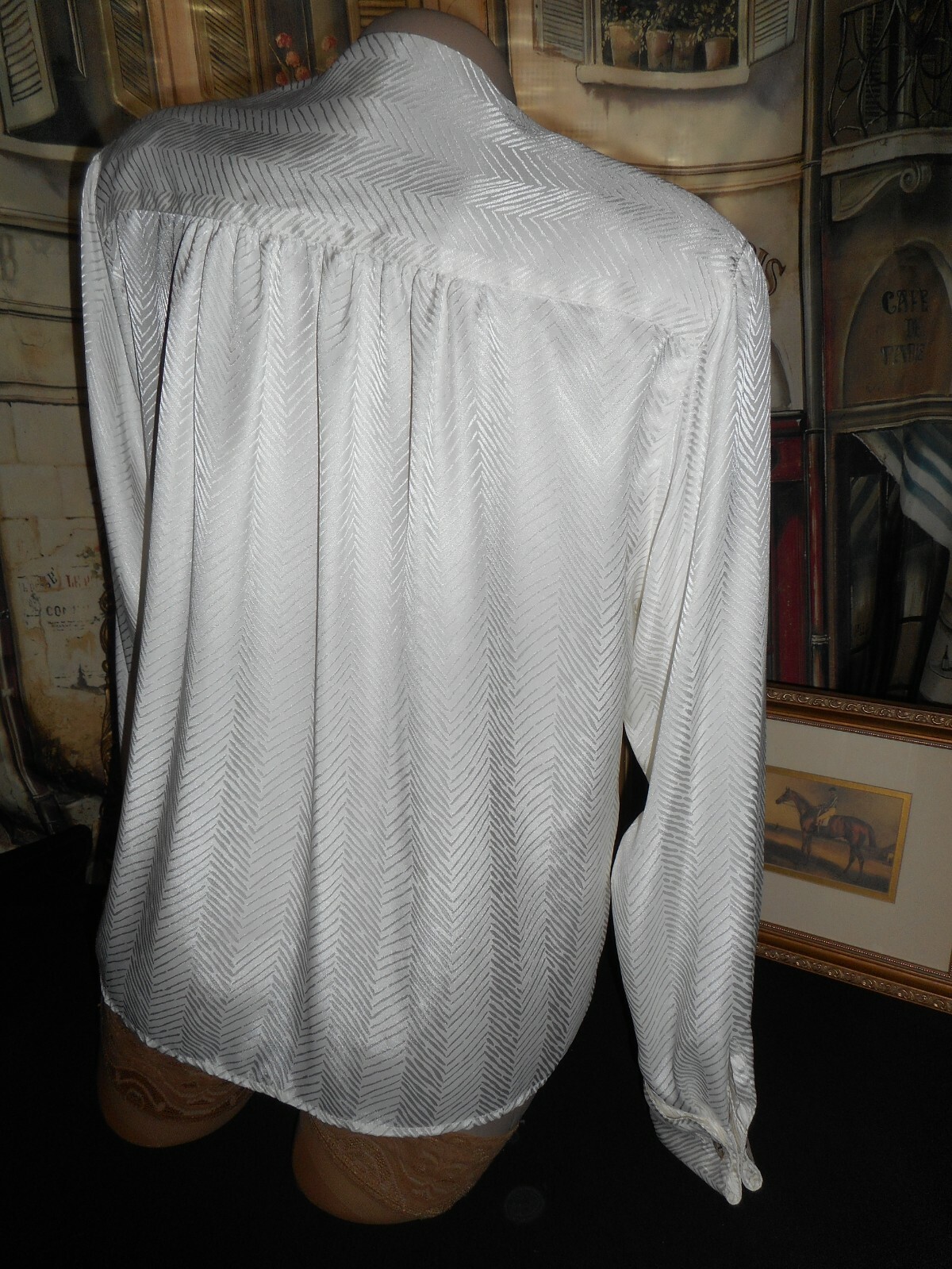 4 VinTage Satin Executive Blouse French Cuff Ivory White & Pearl Clip Earrings