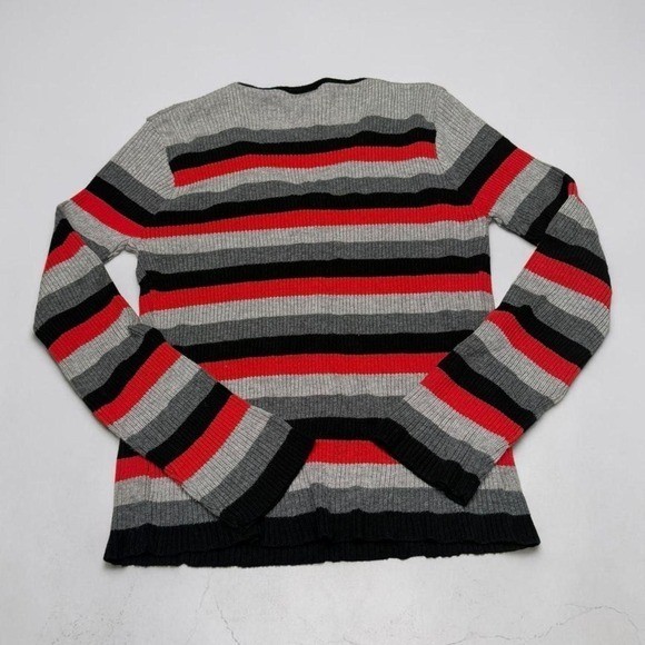 Vintage Lipstick D’Amore Red Grey and Black Striped Ribbed V-Neck Sweater – S