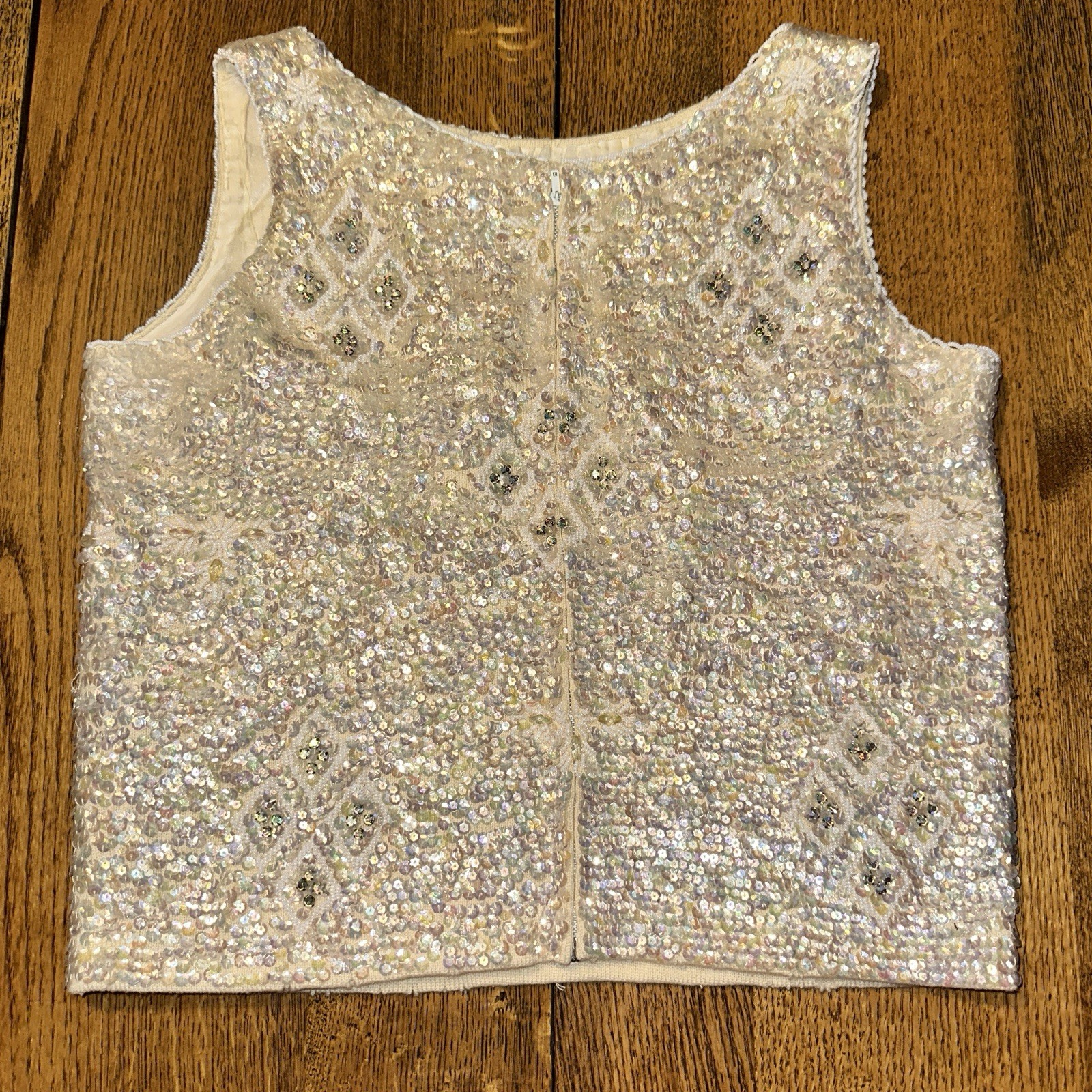 Vtg 50s 60s Hand Beaded Sequin Sleeveless Sweater Top Ivory 34 Glam Holiday Flaw
