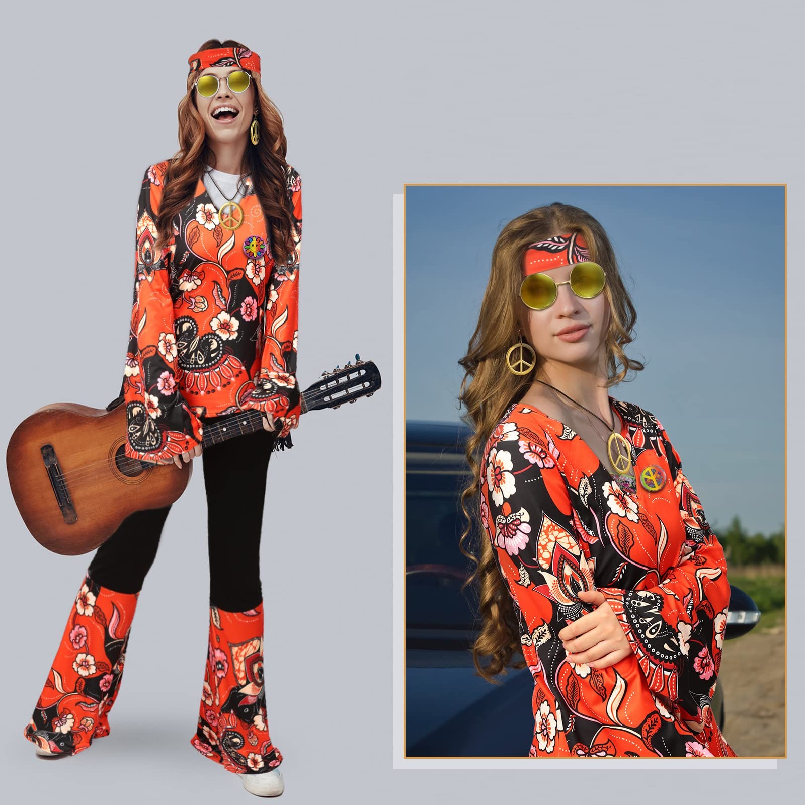 Jiuguva 11 Pcs 60s 70s Outfits for Women Hippie Costume Set X-Large, Red