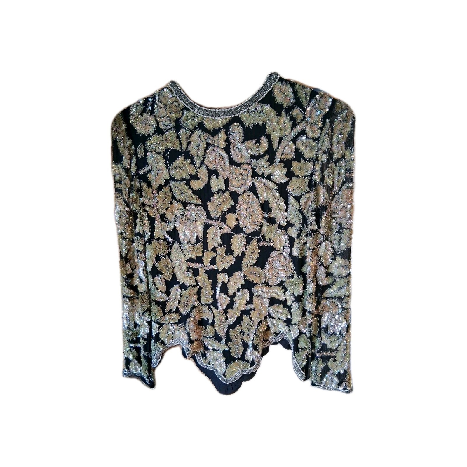Oleg Cassini Silk Beaded Sequin Vintage Black Tie Top Size S. Silk/Rayon