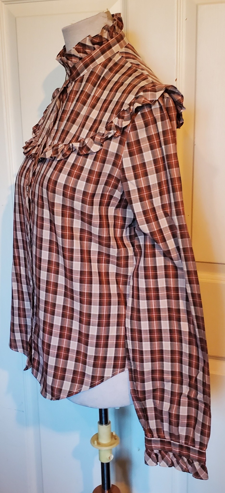 Vintage Brown Plaid Cotton Long Sleeved Blouse Shirt Ruffled Stuart Lang 15/16 n