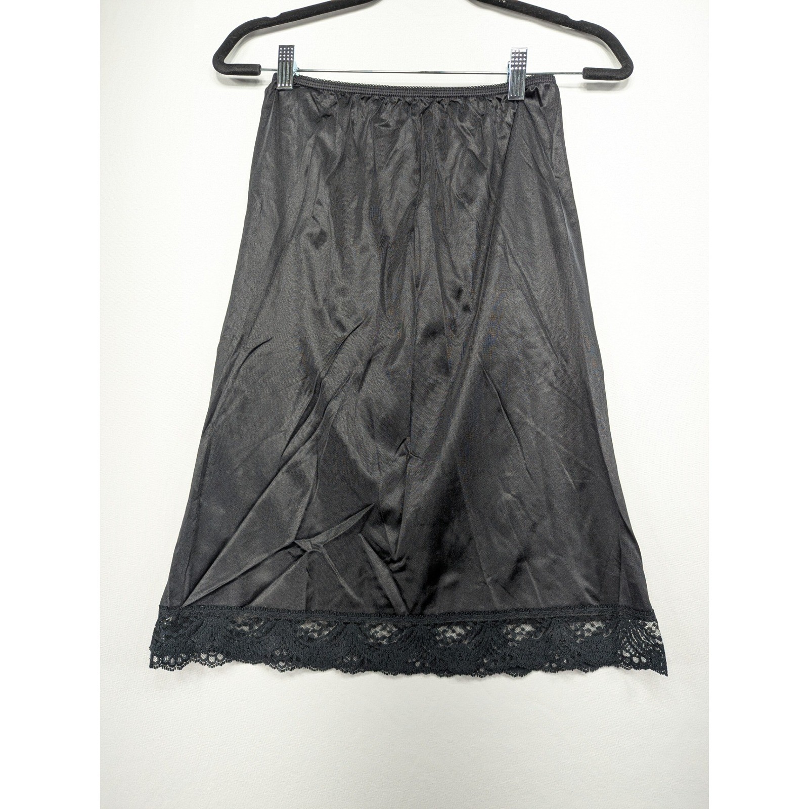 Vintage Black Nylon Tricot Half Slip Lace Trim Non-Cling Made in USA Medium
